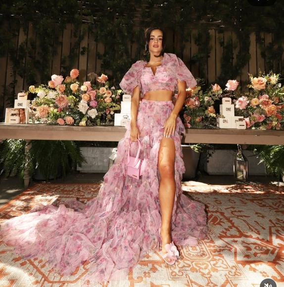 Sherri Hill Pink Tulle Floral Gown Two Piece Crop Top Skirt Prom Occasion